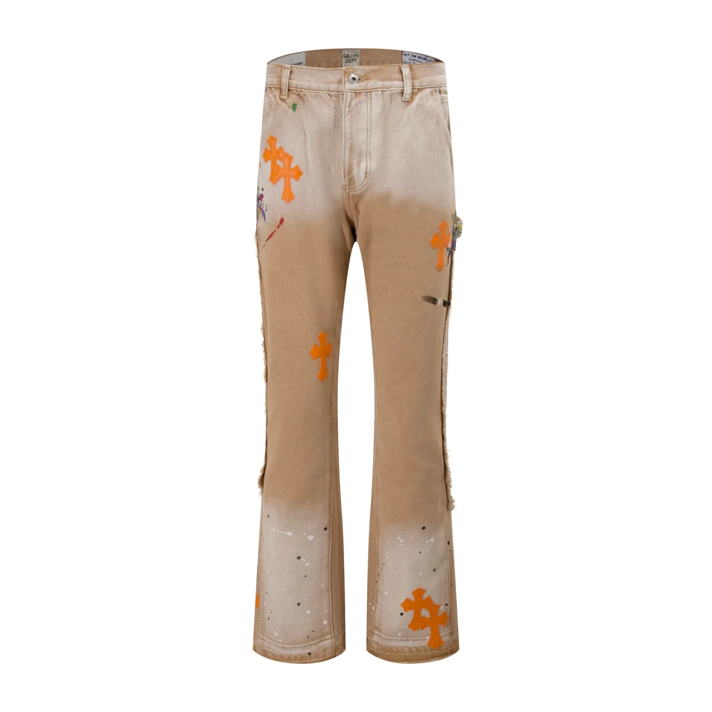 P250 Style No.: H888 GALLERY DEPT. & 𝐂𝐡𝐫𝐨𝐦𝐞 𝐇𝐞𝐚𝐫𝐭 Croxin co-branded ss25 wood splash ink hand-painted stitching multi-pocket bootcut jeans. Styles with different washed textures are very friendly to people with thin legs. The bootcut style perfectly modifies the leg shape. The timeless and moderate length makes it easy to match and match. It is the basis for various styles and is a must-have in your wardrobe! The fabric is stiff but also makes the upper body soft without losing texture. The washing process is even more perfect. It is a must-have item for everyone! ! ! Washed wheat, tag, pants label, three labels complete Color: Khaki Size: 28-30-32-34-36